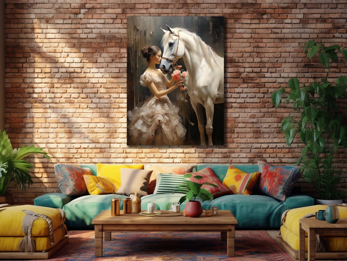 White Horses Painting On Running Horse Wall Art Balllerina Girl Wall Decor Animal Poster Ready To Hang Decor Horse Printing Art