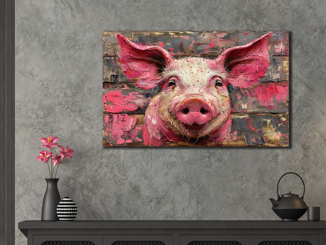 Happy Pink Pig Rustic Wood Background Farmhouse Wall Art Poster - Image 3