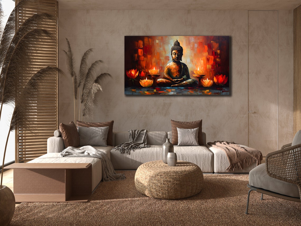 Buddha Meditating Lotus Candles Warm Orange Spiritual Wall Poster - Image 3