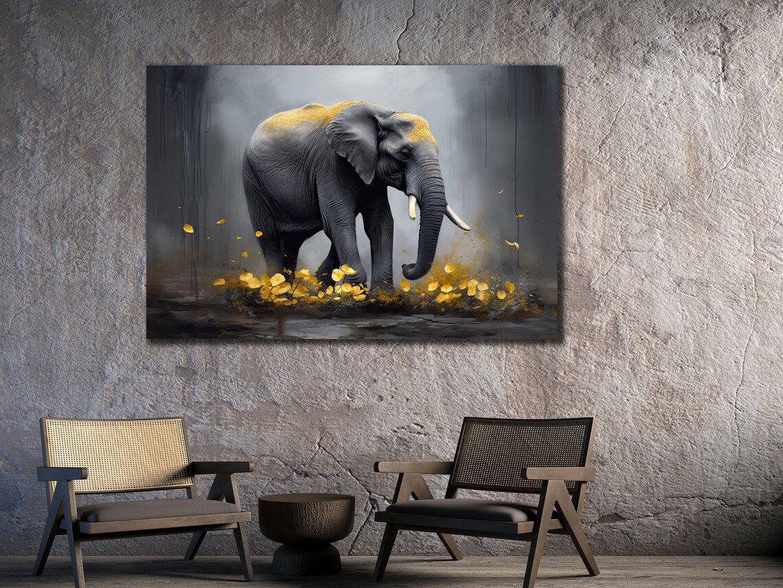 Elephant in Rain Gold Splatter Grey Wildlife Painting Modern Wall Art Poster - Image 2