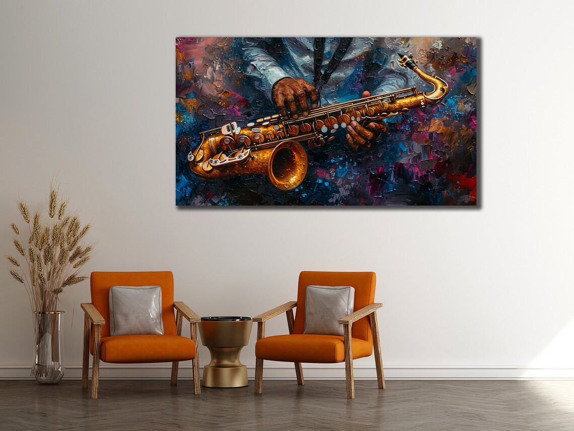 Saxophone Jazz Musician Hands Colorful Abstract Oil Painting Art Poster - Image 2
