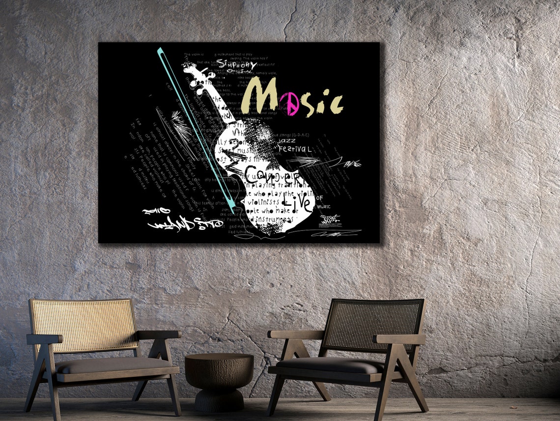 Violin Bow Music Notes Black Graffiti Typography Instrument Poster - Image 2