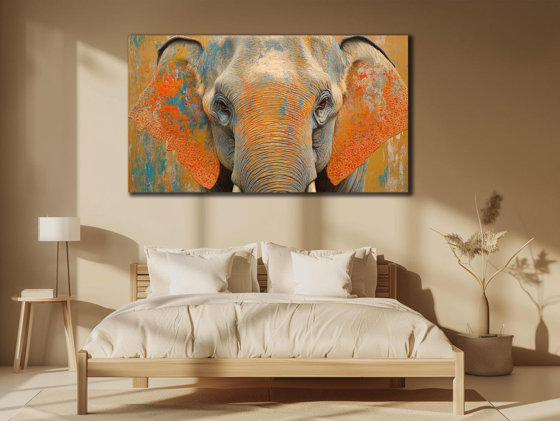 Elephant Face Orange Turquoise Paint Strokes Wildlife Art Poster