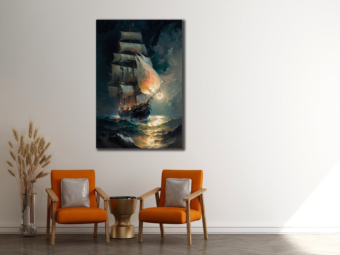 Vintage Tall Ship Moonlit Ocean Night Seascape Oil Painting Poster