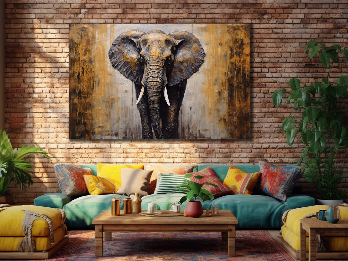 African Elephant Gold Gray Abstract Drip Painting Portrait Poster - Image 3