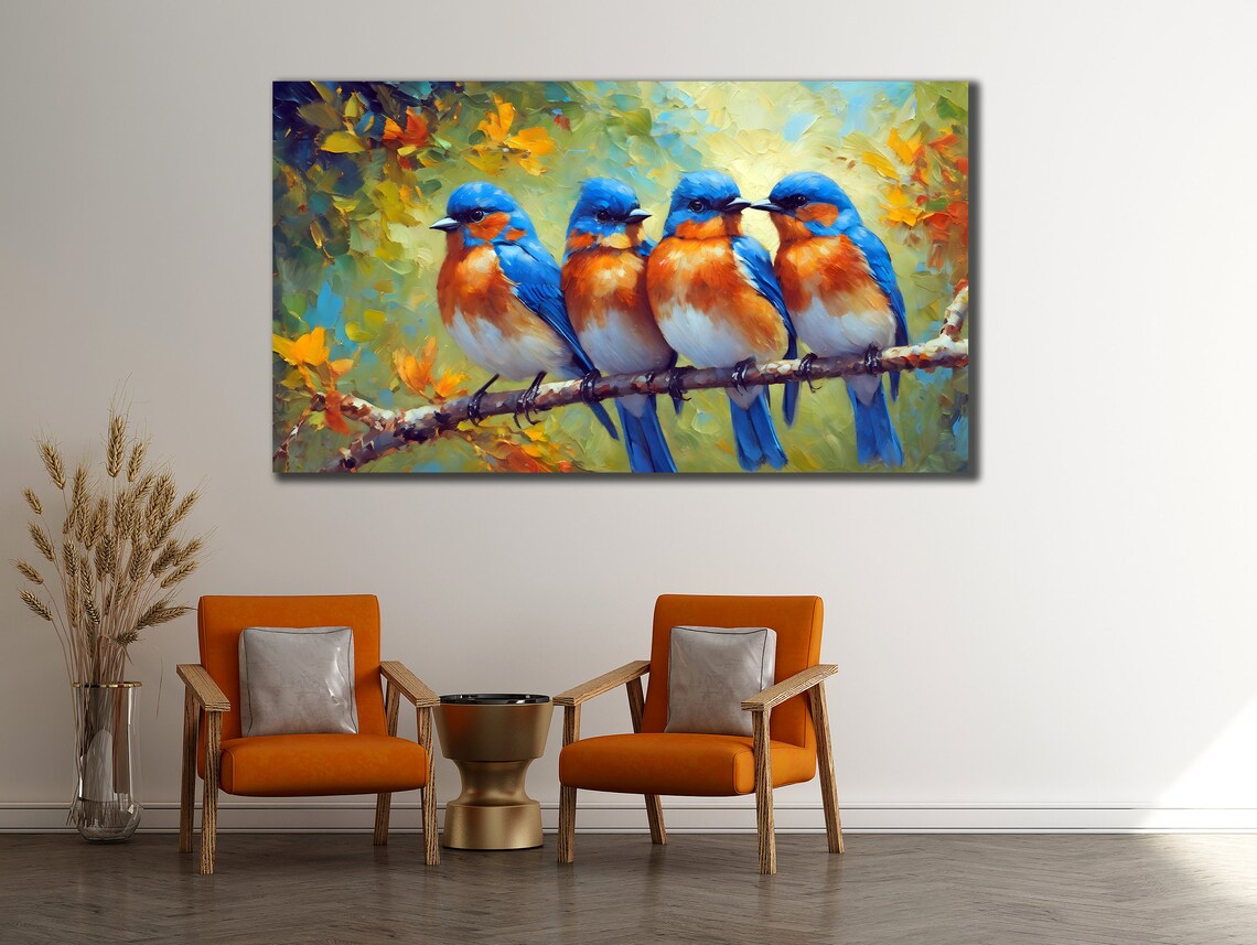Four Bluebirds Perched Together On Branch Colorful Art Poster - Image 3