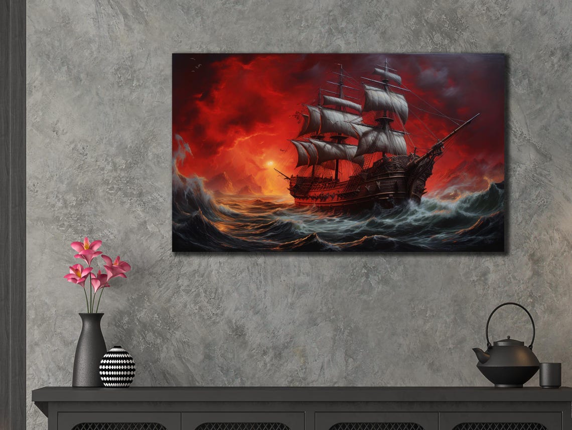Majestic Pirate Tall Ship Blood Red Sky Stormy Ocean Waves Art Poster