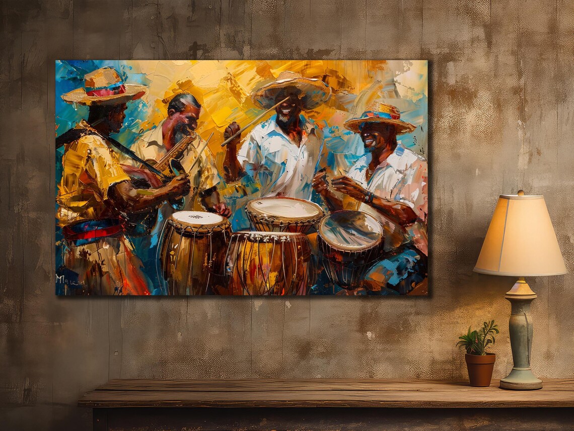 Mariachi Musicians Conga Drums Straw Hats Colorful Music Art Poster - Image 2
