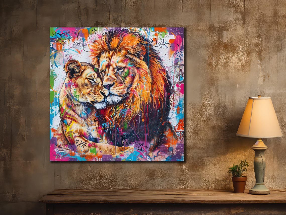 Lion And Lioness Print Graffiti Lion Family Painting Art Farmhouse Wall Decor Animals Wall Art Couple Lion Poster Colorful Lion - Image 3