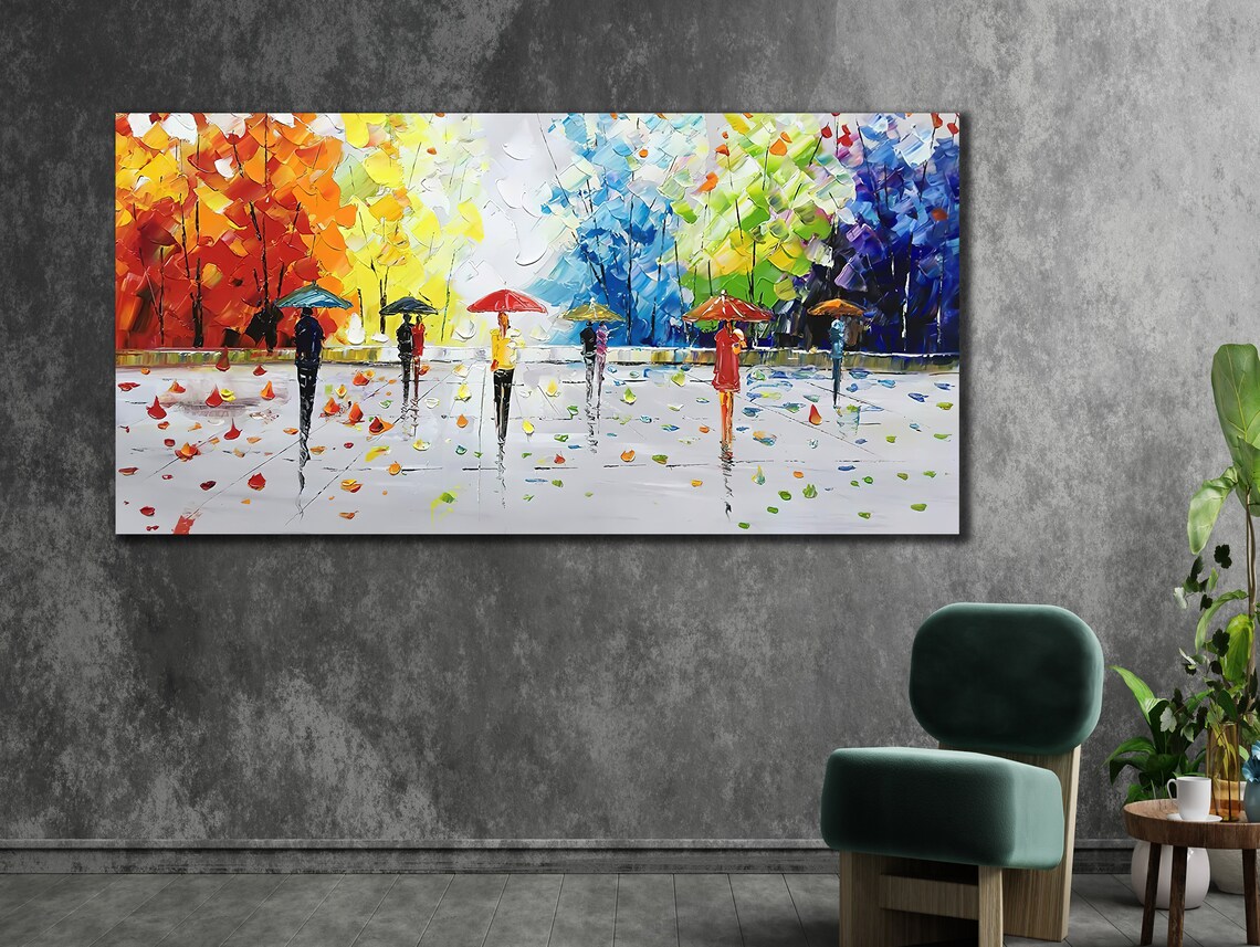 Rainy Park Colorful Umbrellas Palette Knife City Street Art Poster - Image 3