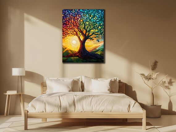 Tree Painting On Yggdrasil Wall Art Nature Wall Decor Stained Glass Effect Poster Ready To Hang Printing Mythology Gift