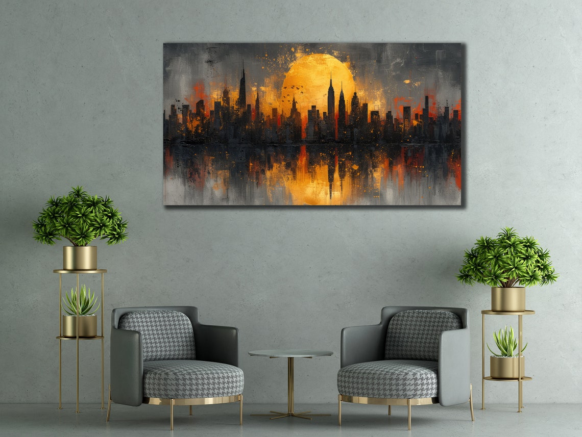New York City Skyline Sunset Water Reflection Manhattan Art Poster - Image 2