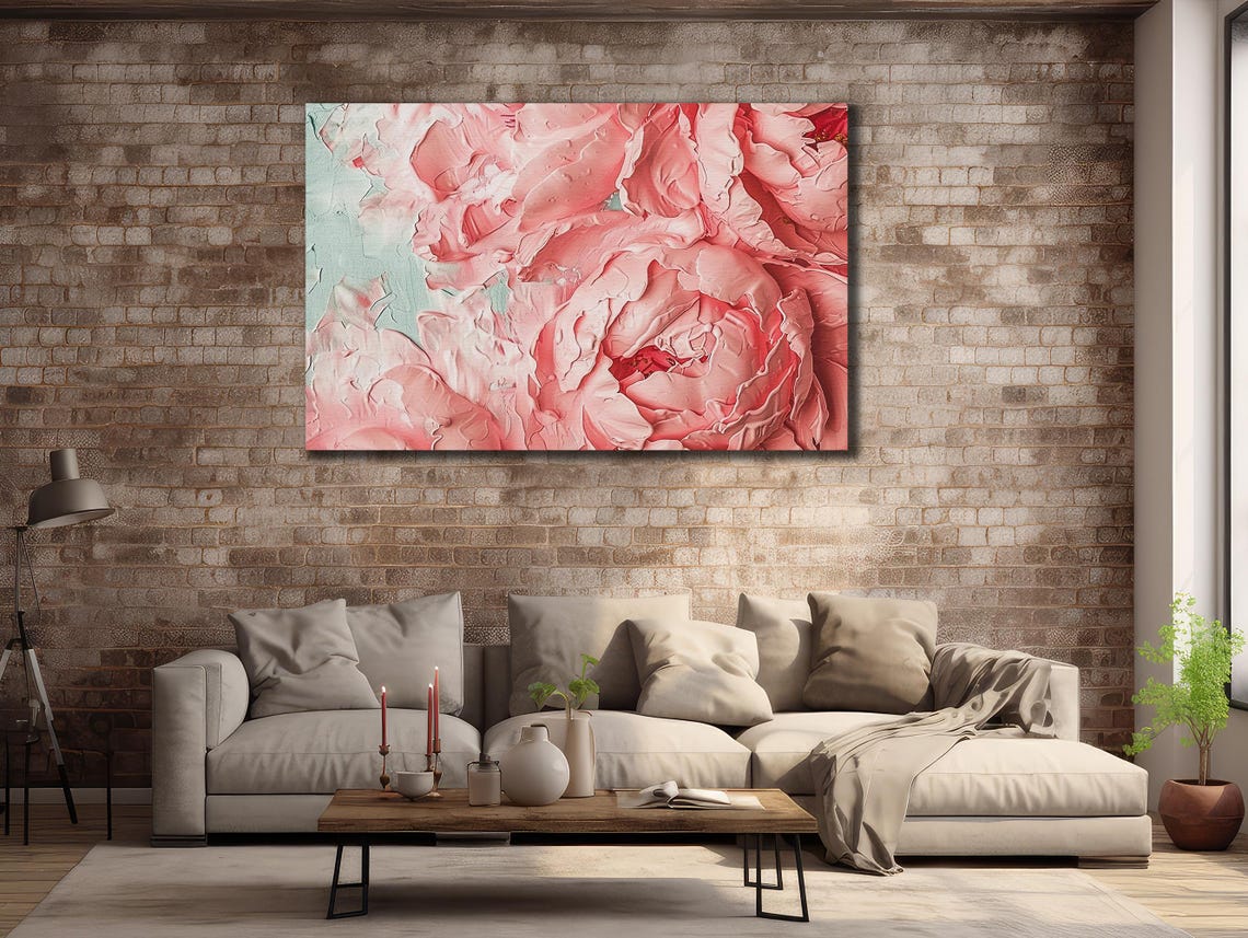 Blush Pink Peonies Close Up Impasto Mint Green Floral Art Poster - Image 2