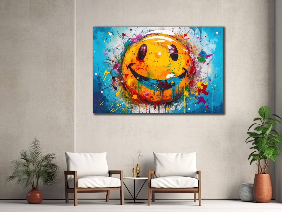 Yellow Smiley Face Graffiti Paint Splash Happy Pop Art Poster