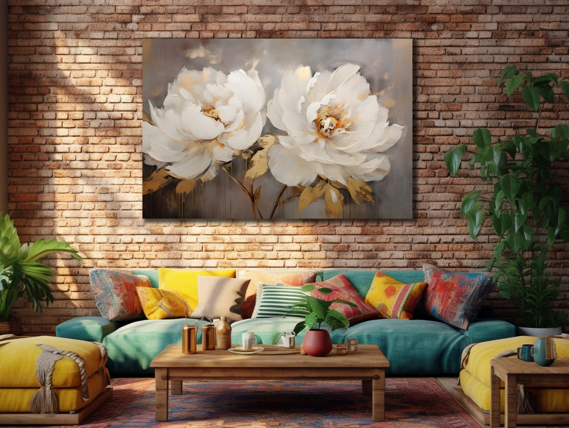 White Peonies Gold Leaves Grey Background Elegant Floral Art Poster