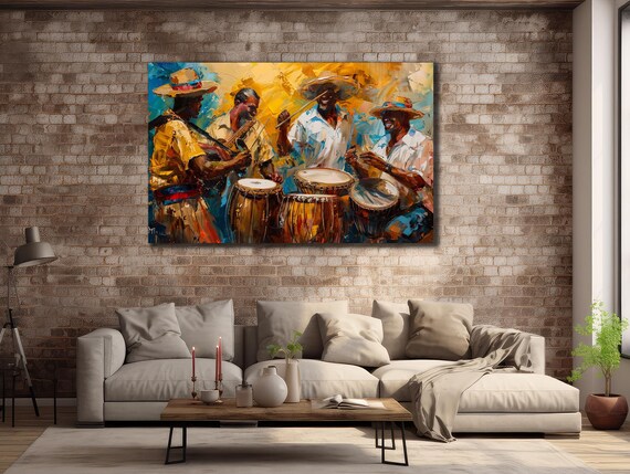 Mariachi Musicians Conga Drums Straw Hats Colorful Music Art Poster