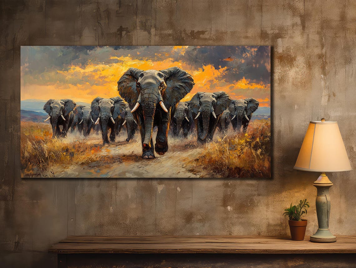 African Elephant Herd Charging Sunset Savanna Painting Wall Poster - Image 2