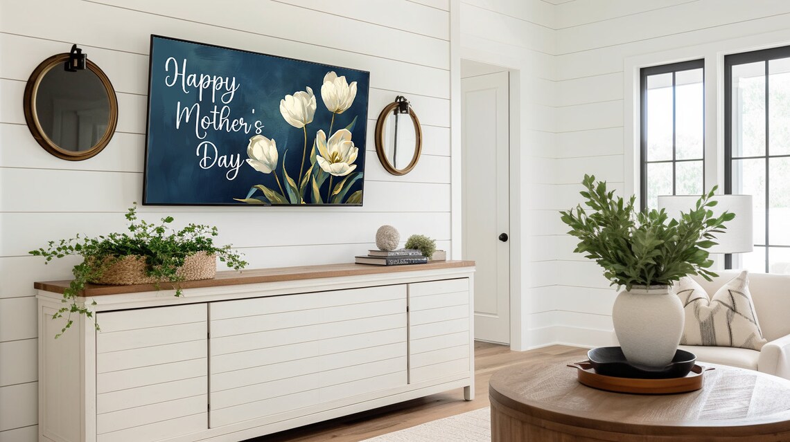 Happy Mothers Day White Tulip Painting Navy Floral Gift Poster - Image 3