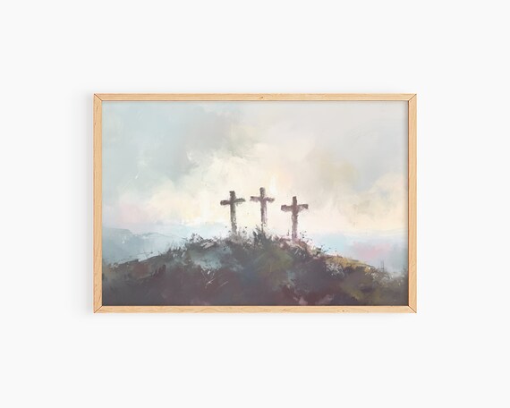 Three Crosses on Hill Painterly Sky Soft Christian Faith Poster