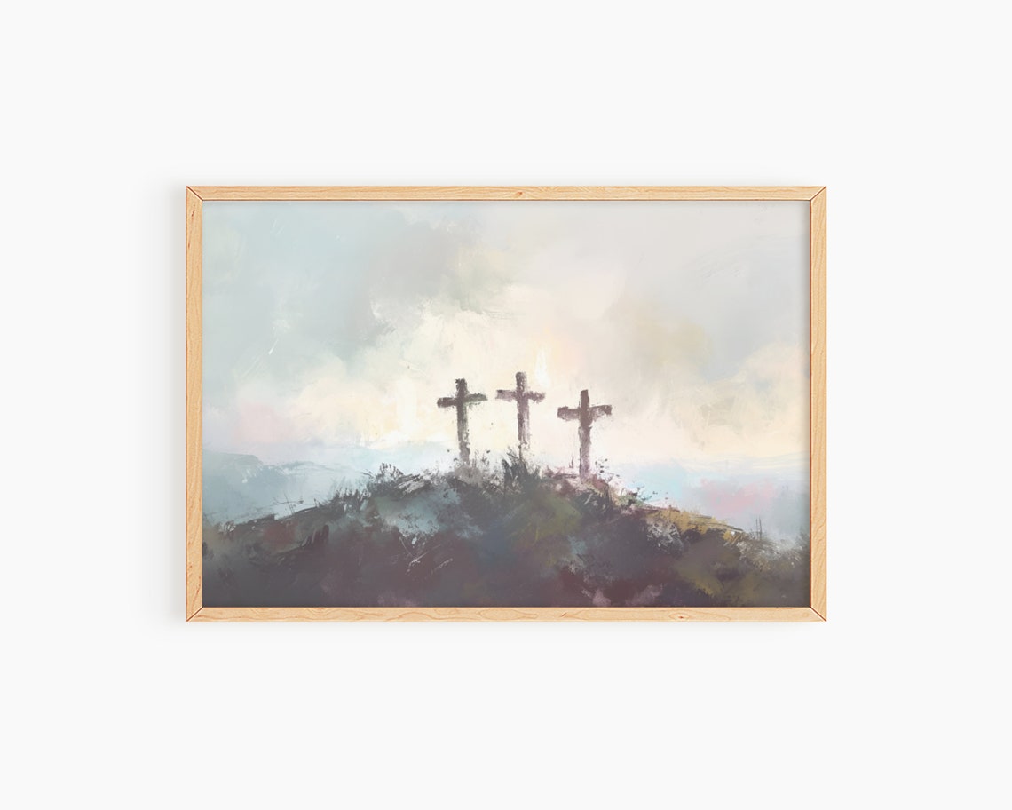 Three Crosses on Hill Painterly Sky Soft Christian Faith Poster