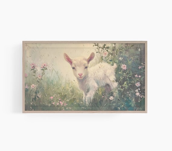 White Lamb Wildflower Meadow Soft Spring Painting Animal Poster
