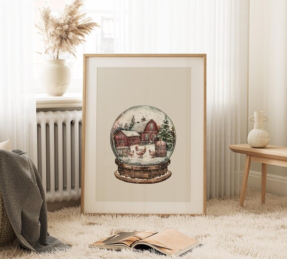 Red Barn Snow Globe Watercolor Christmas Farm Winter Holiday Country Wall Art