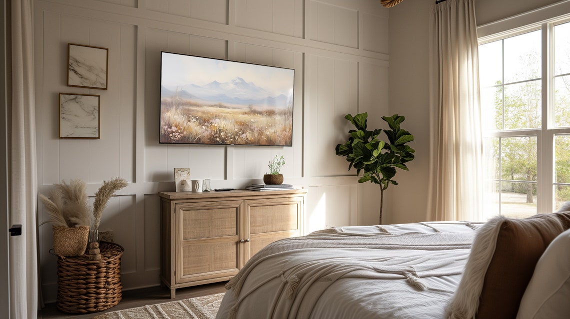Soft Meadow Wildflowers Snowy Mountain Distant Beige Landscape Poster - Image 3