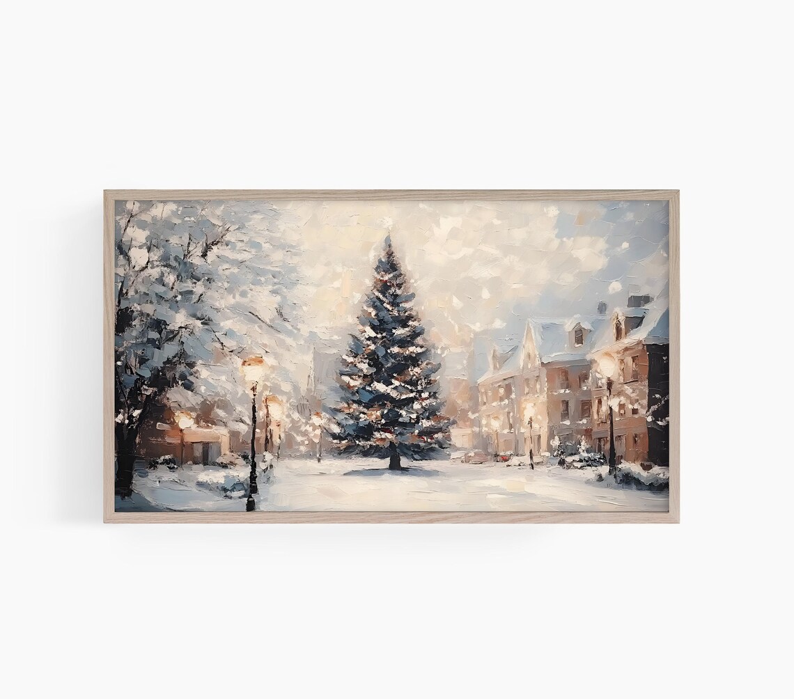 Snowy Christmas Town Square Tree Vintage Impressionist Painting Poster