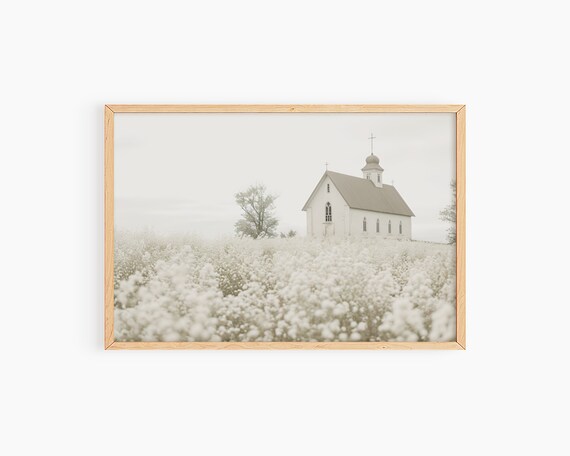 White Church in Field of Wildflowers Serene Spring Art Poster