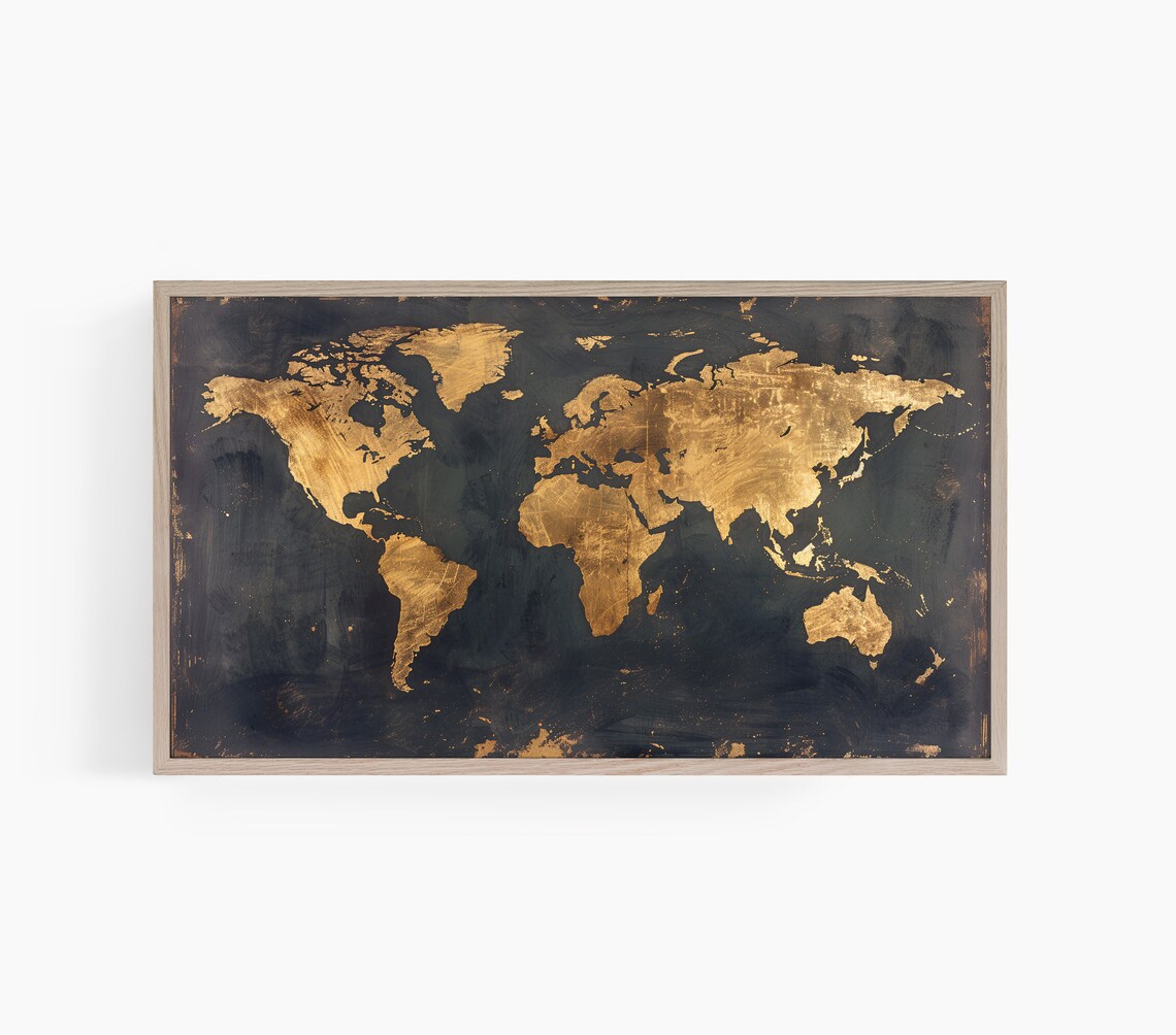 Golden Foil World Map Dark Navy Vintage Continents Atlas Poster