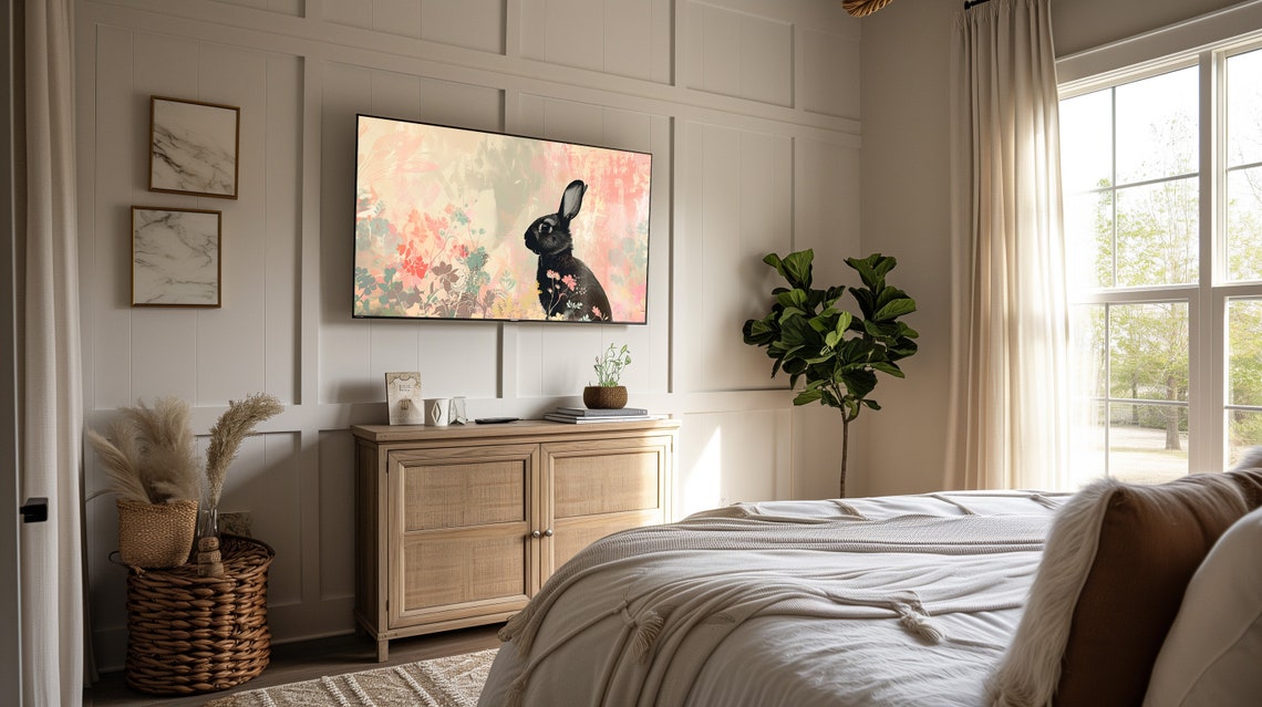 Black Rabbit Pink Wildflowers Floral Spring Easter Bunny Wall Art - Image 3