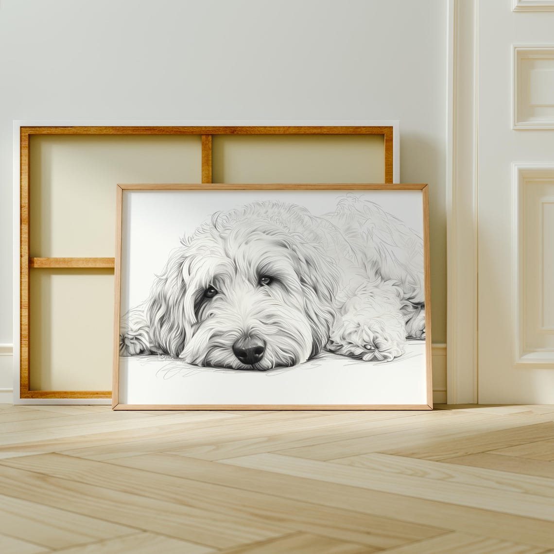 Golden Doodle Resting Pencil Sketch Dog Portrait Drawing Poster