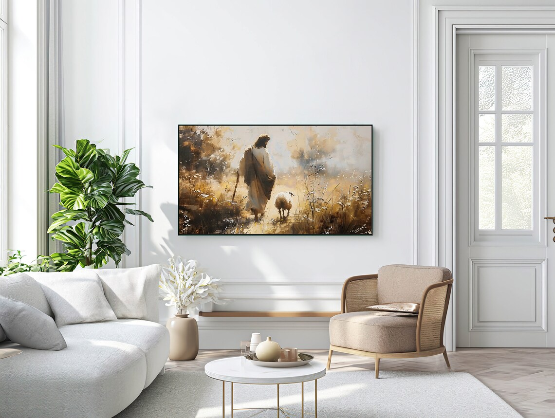 Jesus Walking With Sheep Golden Light Christian Faith Wall Art - Image 2