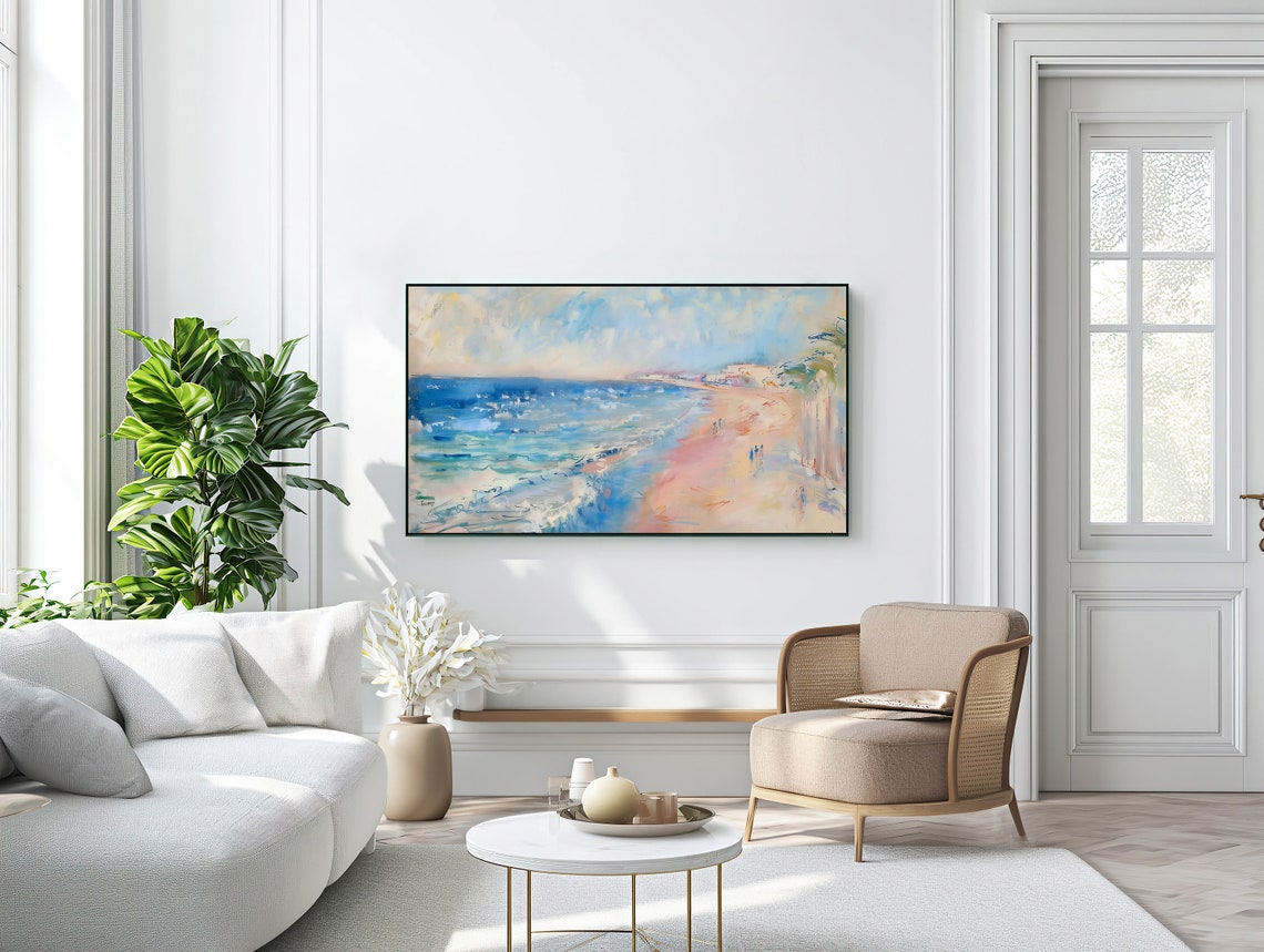 Pastel Beach Shoreline Gentle Waves Summer Day Watercolor Poster - Image 2