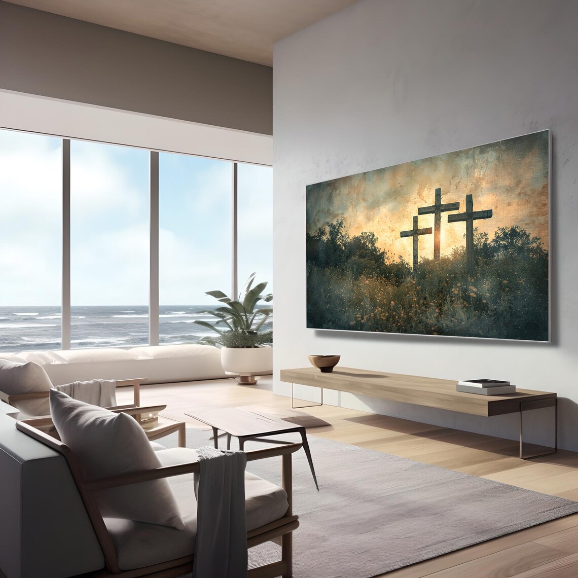 Three Crosses Hill Sunset Calvary Christian Easter Faith Wall Art - Image 3