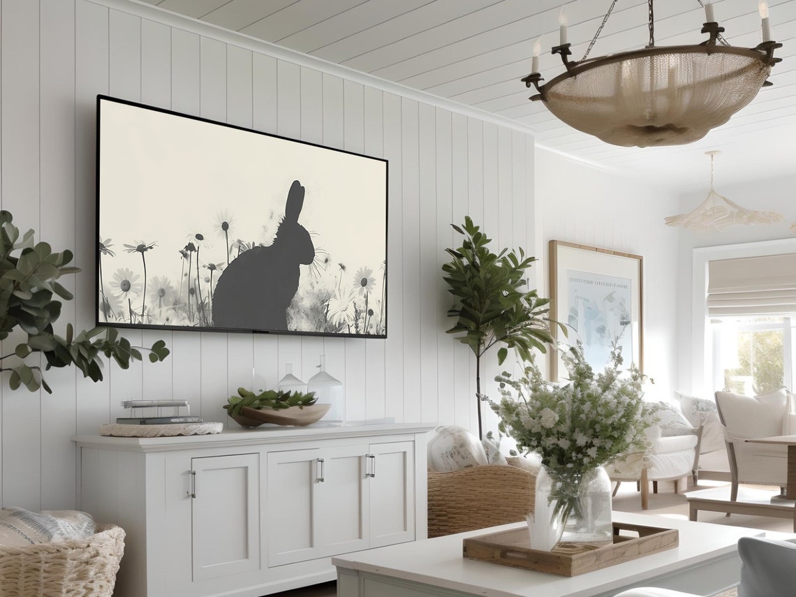 Black Rabbit Silhouette Daisy Meadow Minimal Neutral Art Poster - Image 3
