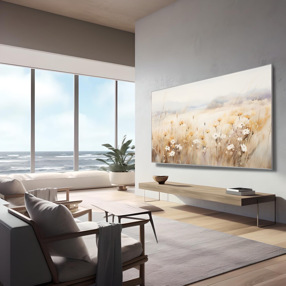 Beautiful Golden Wildflower Meadow Warm Grass Field Painting Wall Art - Image 2