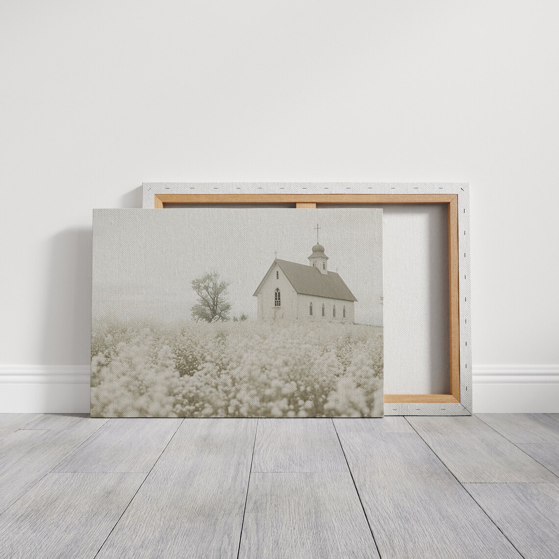 White Church in Field of Wildflowers Serene Spring Art Poster - Image 2