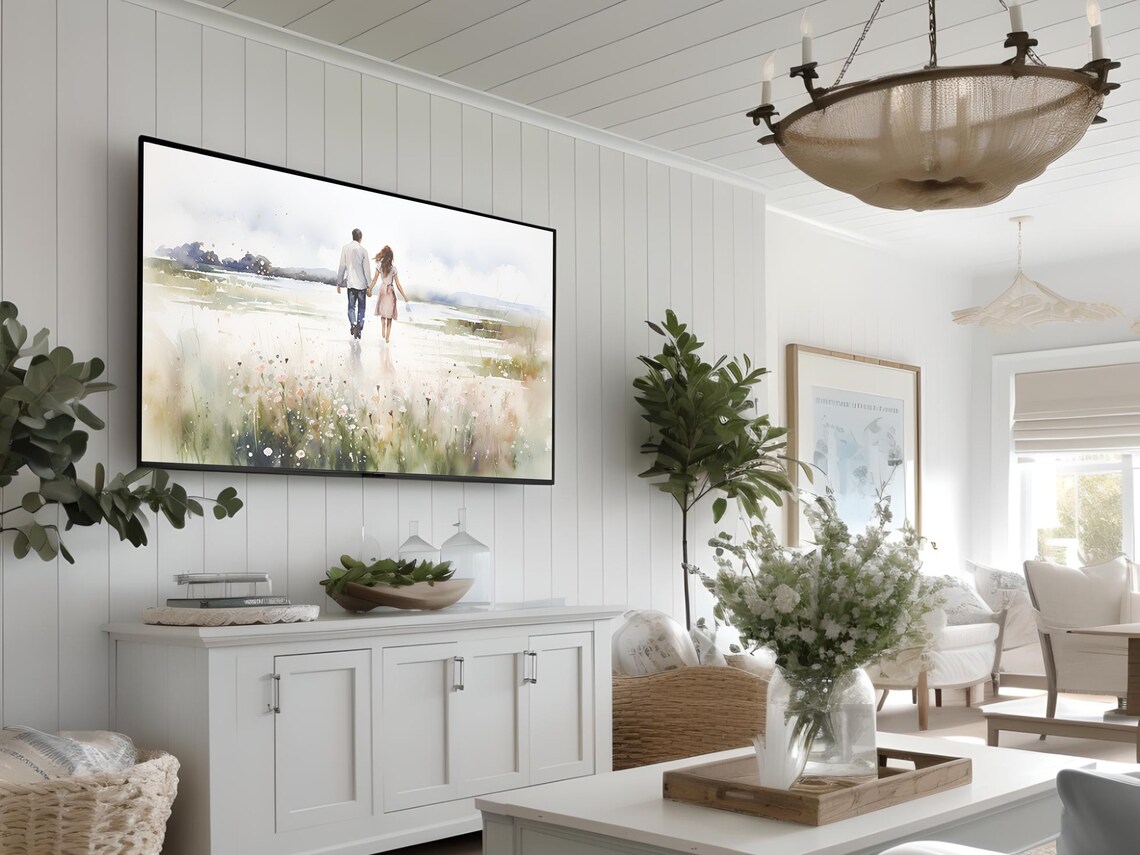 Couple Walking Hand In Hand Wildflower Field Lake Watercolor Poster - Image 3