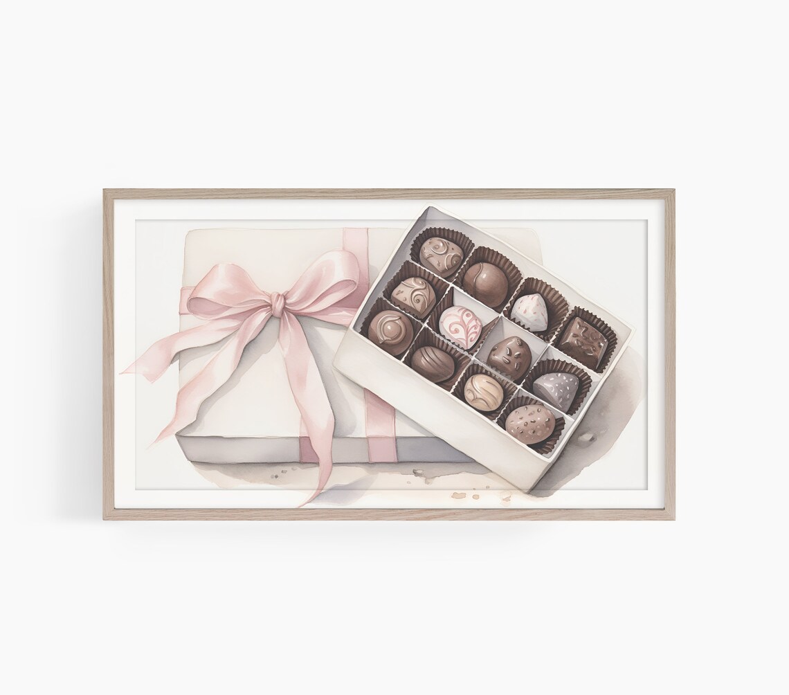 Watercolor Box Of Chocolates Pink Bow Valentine Sweet Wall Art