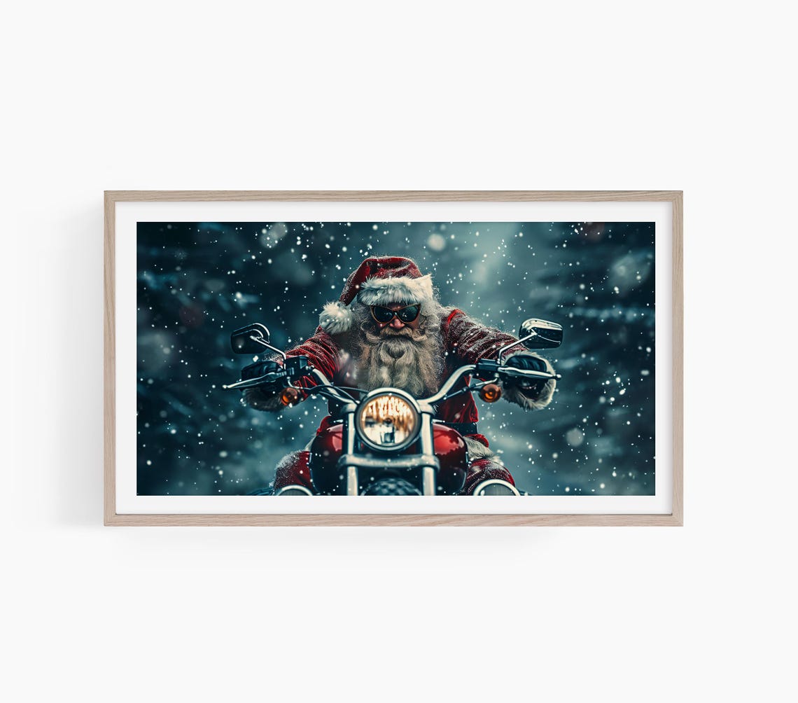 Cool Santa Riding Motorcycle Winter Snowfall Funny Christmas Poster