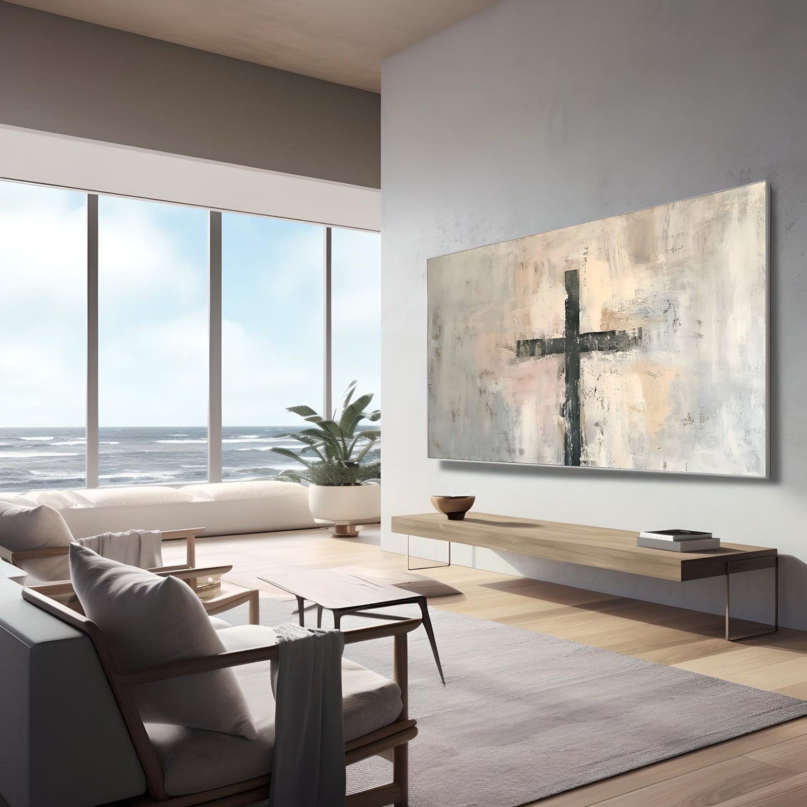 Abstract Beige Cross Textured Brushstroke Christian Faith Poster - Image 3