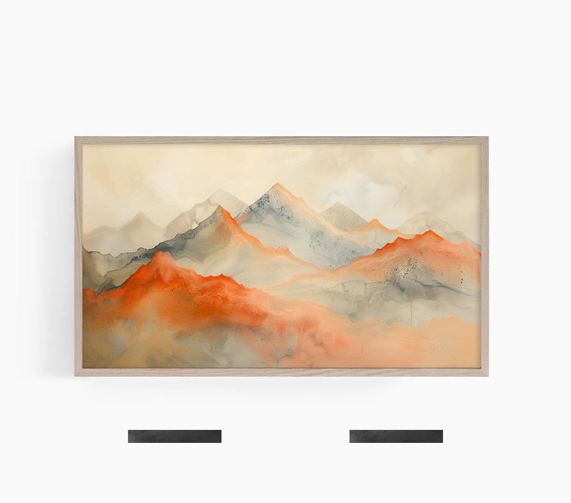 Abstract Orange Mountain Peaks Sunset Glow Watercolor Landscape Poster