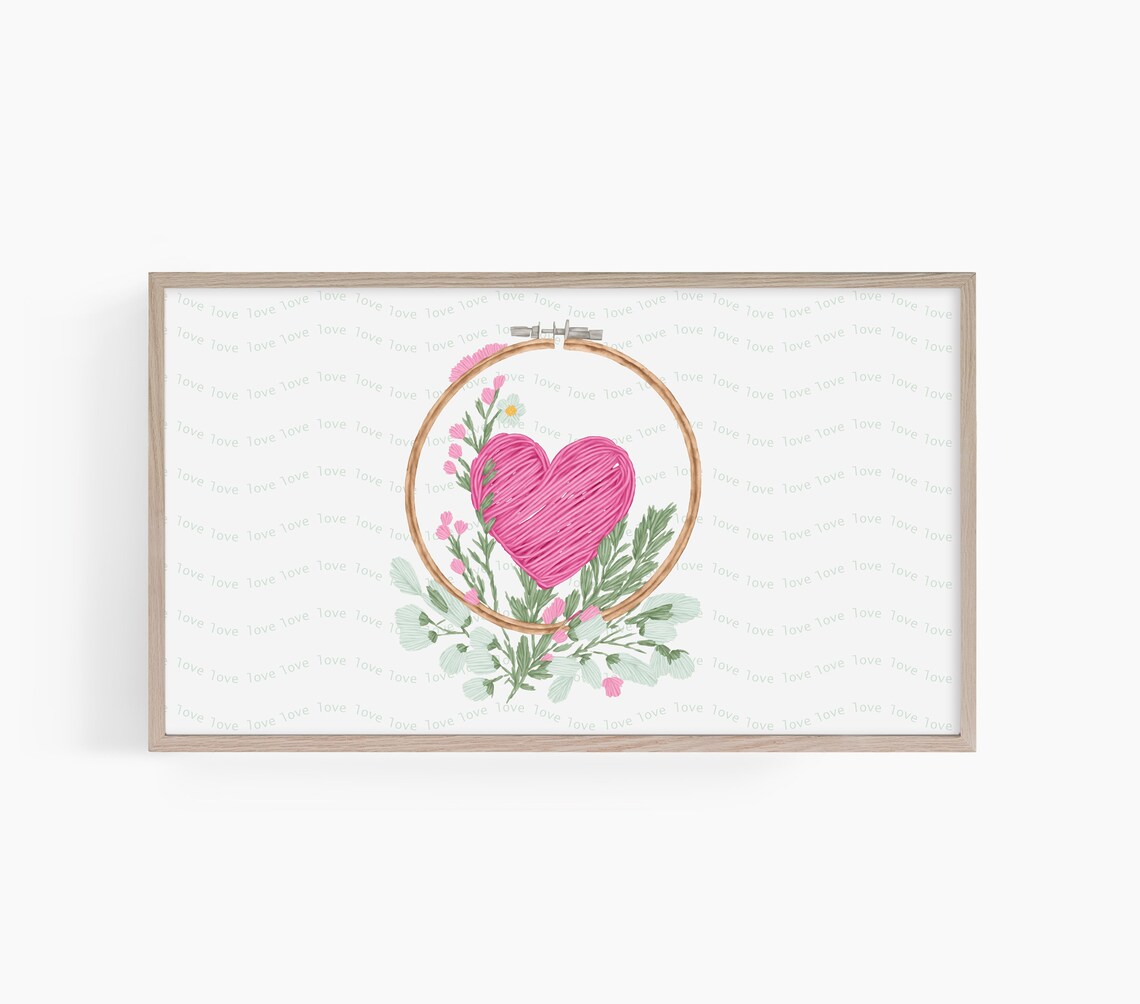 Embroidered Pink Heart Hoop Floral Stitches Love Pattern Art Poster