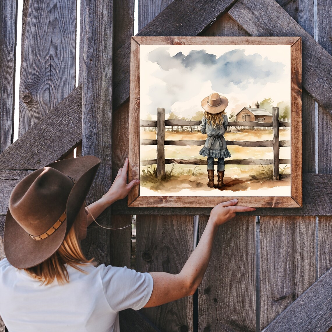Little Cowgirl Girl At Wooden Farm Fence Watercolor Nursery Poster - Image 2