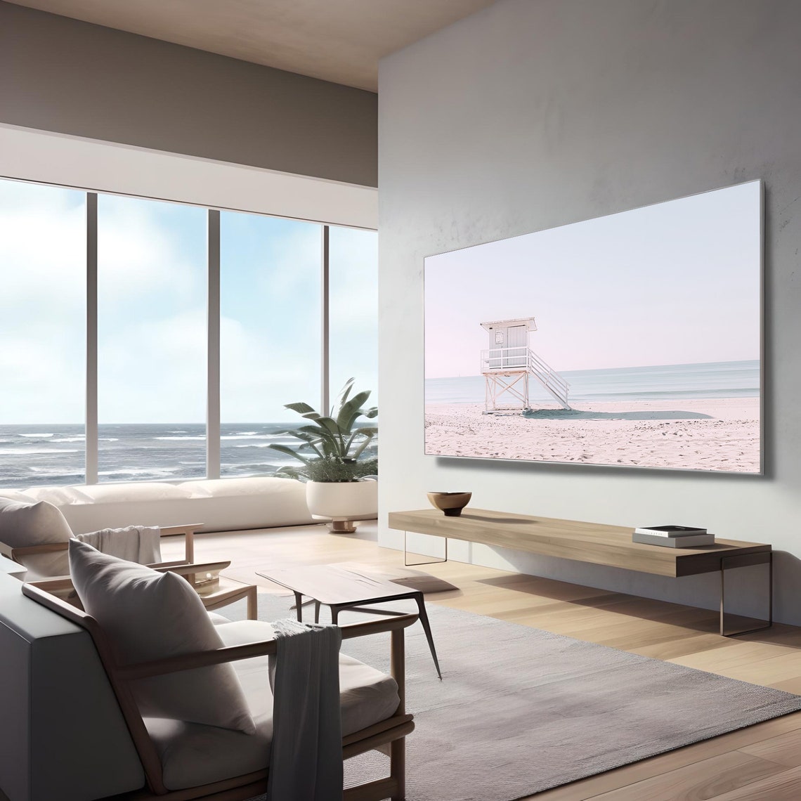 White Lifeguard Tower Standing on an Empty Pastel Sandy Beach Poster - Image 3