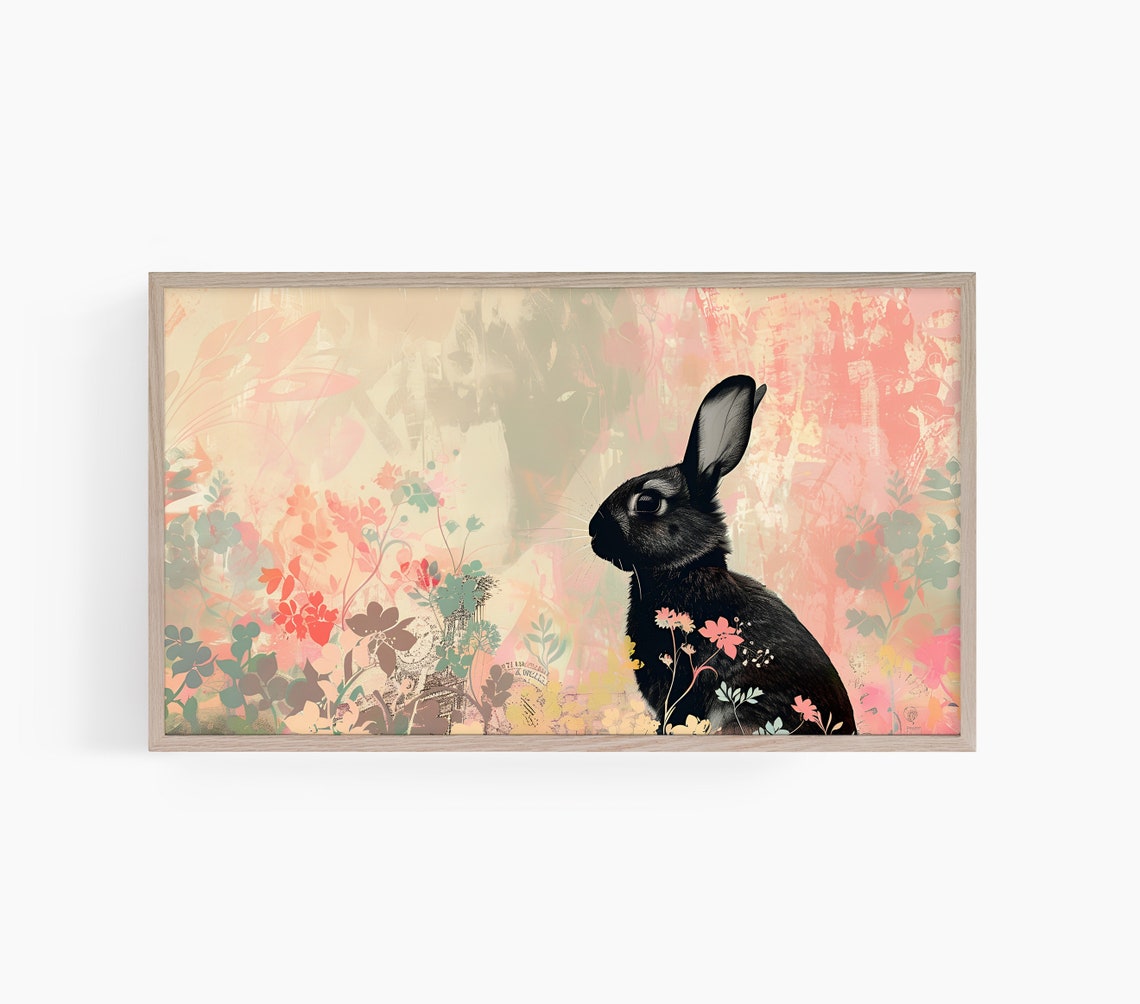 Black Rabbit Pink Wildflowers Floral Spring Easter Bunny Wall Art