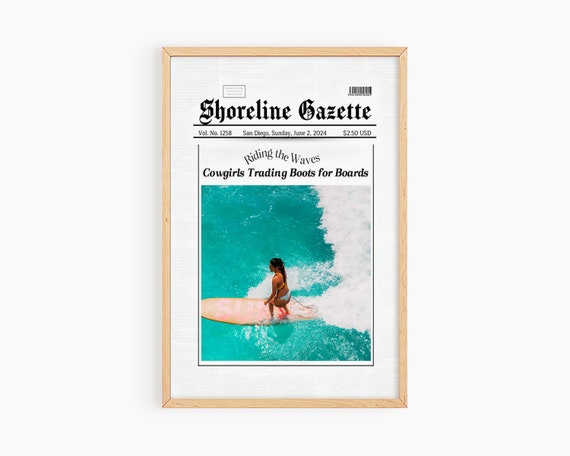 Coastal Cowgirl Print Newspaper Cover Wall Art Preppy Coastal Art Surf Wall Art Trendy Surfer Girl Newspaper Print S057