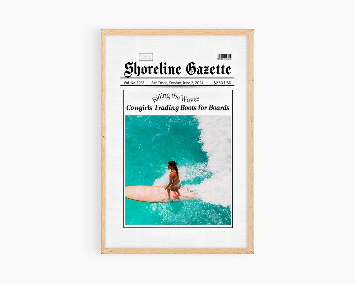 Shoreline Gazette Cowgirl Surfer Newspaper Surfing Art Poster