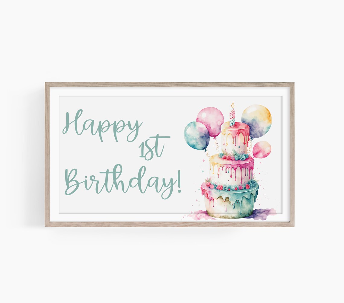 Happy 1st Birthday Watercolor Cake and Balloons Party Decor Poster